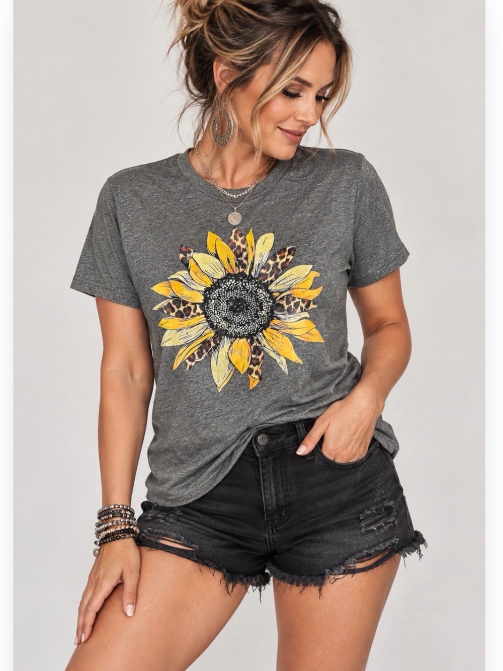 Charcoal Sunflower Graphic Tee with Leopard Petal Detail - Women’s Short Sleeve